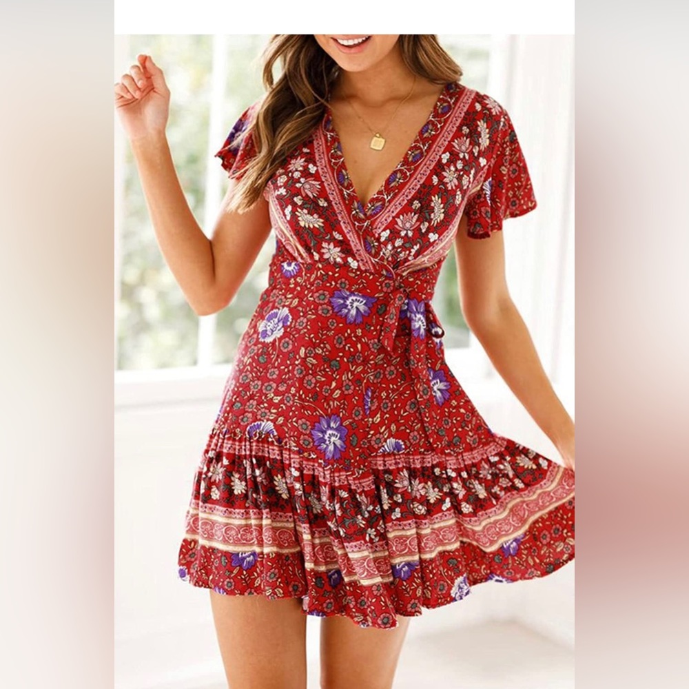 NWT Wrap V Neck Bohemian Floral Print Ruffle Swing A Line Beach Mini Dress